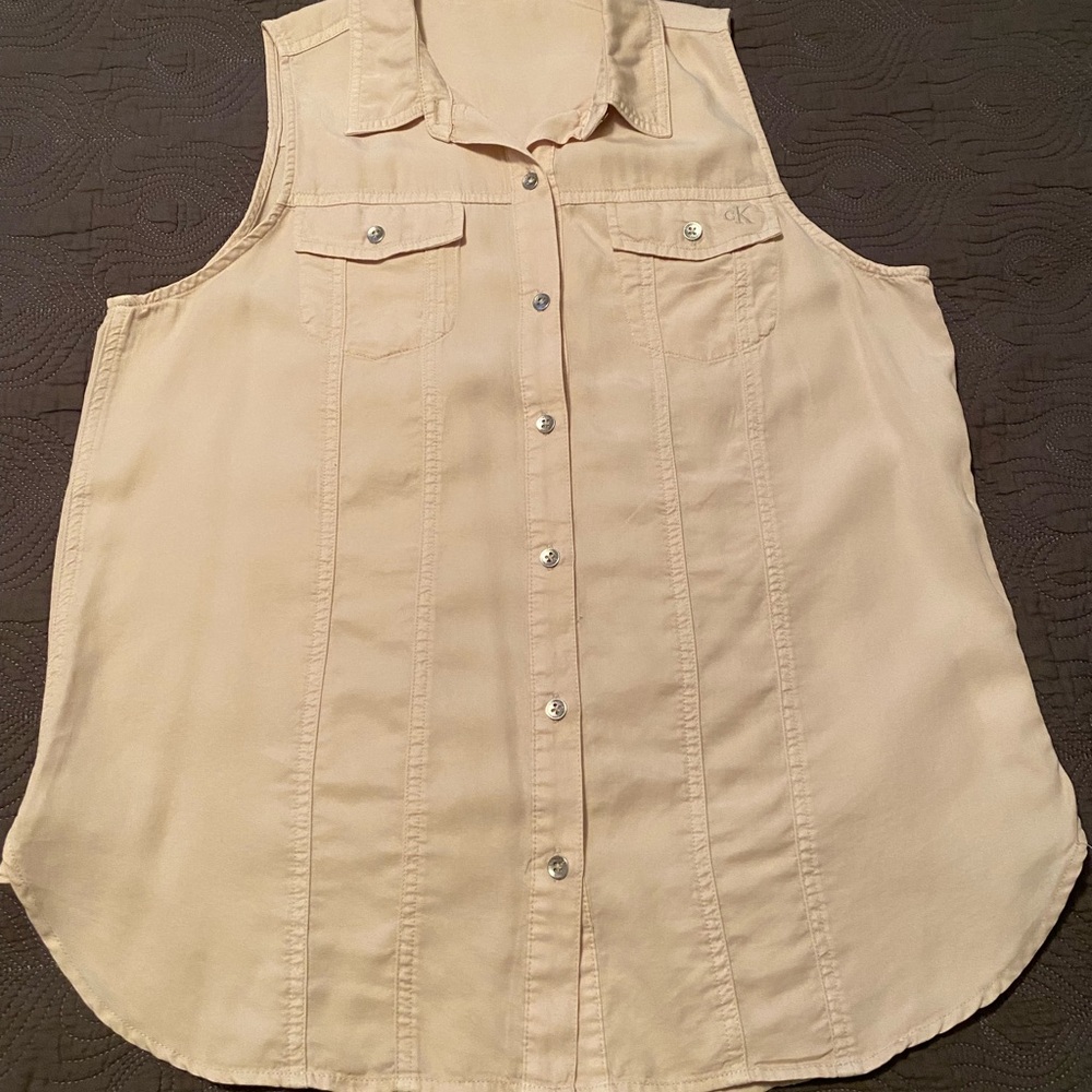 Calvin Klein Cream Sleeveless Button Down Shirt SZ Small